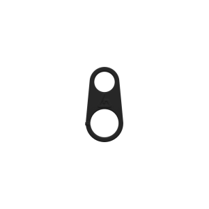 Front view of a black plastic ring to slide over a tube to attach the shoulder strap's carabiner