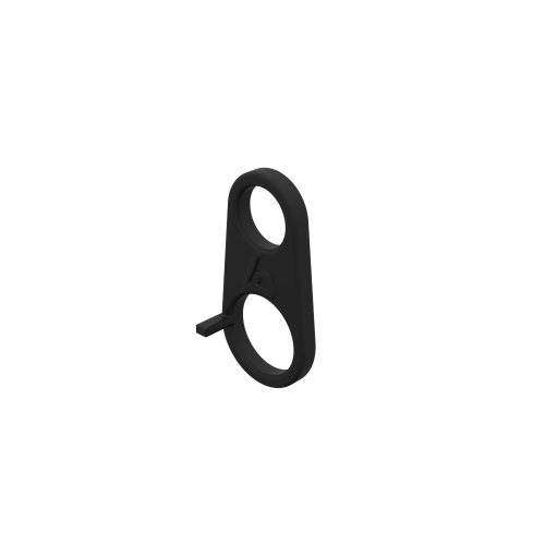 Left view of a black plastic ring to slide over a tube to attach the shoulder strap's carabiner