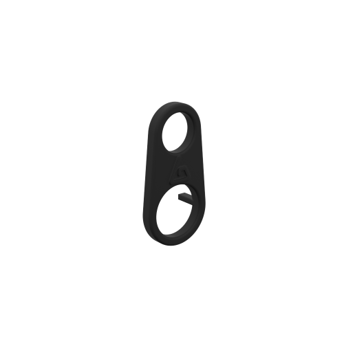 Right view of a black plastic ring to slide over a tube to attach the shoulder strap's carabiner