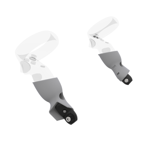Left view of Pair of Grey PLA cups Controller mount spare parts for Meta Quest 1 with Fastened Attachment