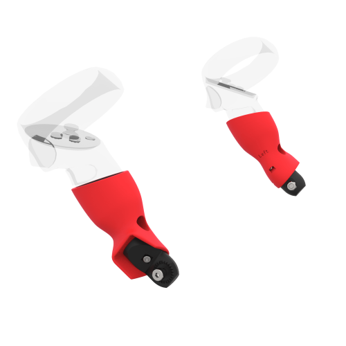 Left view of Pair of Red PLA cups Controller mount spare parts for Meta Quest 2 with Fastened Attachment