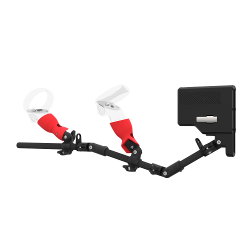 Left view of ForceTube with Haptic Explorer stock for Meta Quest 2 with Black Carbon Armature and Red PLA cups
