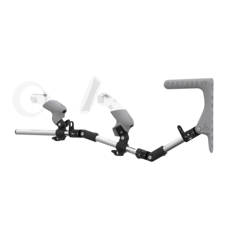 Left view of MagTube vr gunstock for HP Reverb G2 with Chrome Armature with Grey MK1 Buttstock and Grey PLA cups