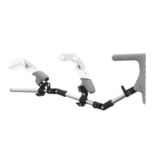 Left view of MagTube vr gunstock for HTC Vive with Chrome Armature with Grey MK1 Buttstock and Grey PLA cups