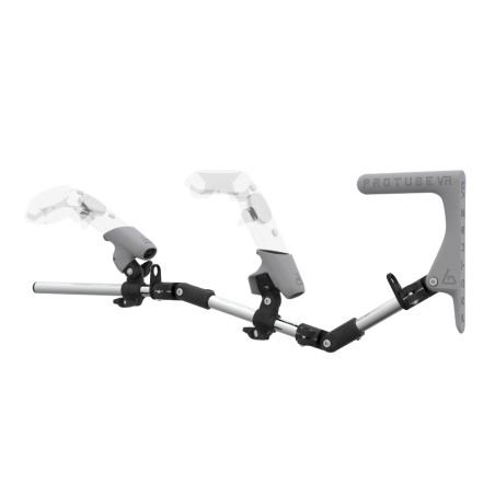 Left view of MagTube vr gunstock for HTC Vive with Chrome Armature with Grey MK1 Buttstock and Grey PLA cups