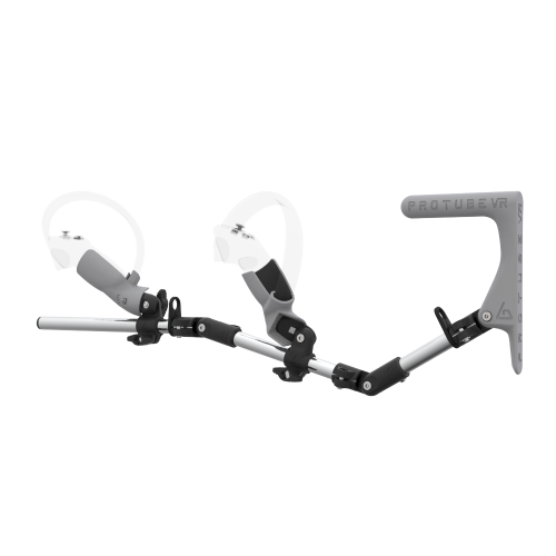 Left view of MagTube vr gunstock for Pico 4 with Chrome Armature with Grey MK1 Buttstock and Grey PLA cups