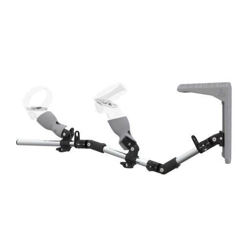 Left view of MagTube vr gunstock for Meta Quest 2 with Chrome Armature with Grey MK2 Buttstock and Grey PLA cups