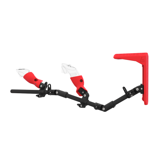 Left view of MagTube vr gunstock for Meta Quest 3 with Carbon Armature with Red MK2 Buttstock and Red PLA cups