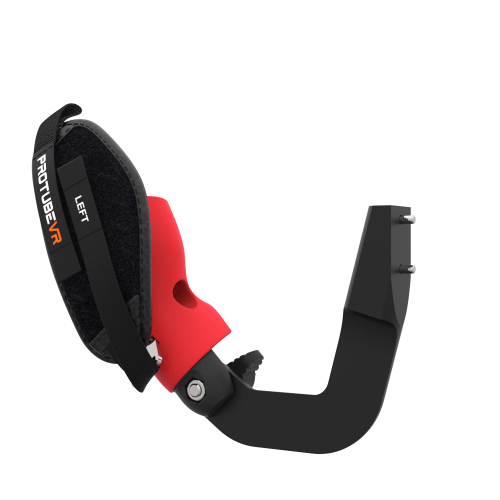Left view of ProVolver Right Front extension to have an SMG simulator for Meta Quest 2 with prostrap with Red PLA cup