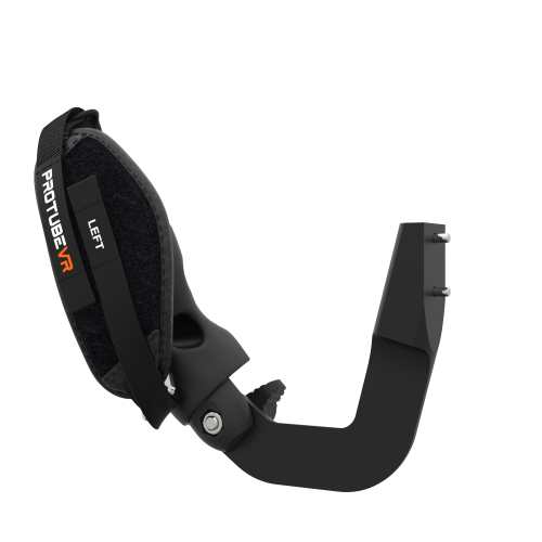 Left view of ProVolver Right Front extension to have an SMG simulator for Meta Quest 3 with prostrap with Black Carbon cup