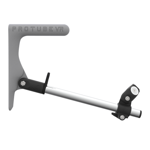 Side view of a SMG shoulder stock upgrade for Provolver haptic pistol with chrome armature and grey static MK1 stock
