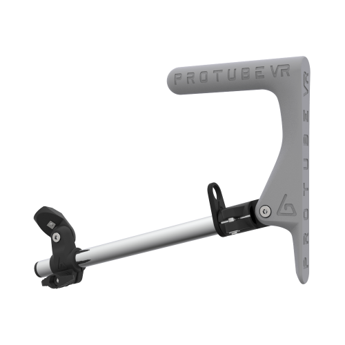 Left view of a SMG shoulder stock upgrade for Provolver haptic pistol with chrome armature and grey static MK1 stock
