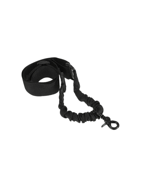 A black sling for rifle support with one point of attachement