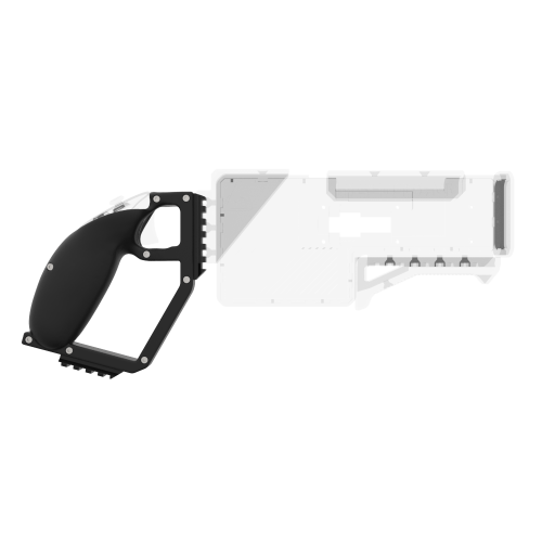 Side of a ProBolter Gun rear cup for meta quest 3 right hand with a transparent bolter module