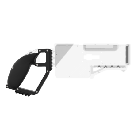 Side of a ProBolter Gun rear cup for meta quest 3 right hand with a transparent bolter module