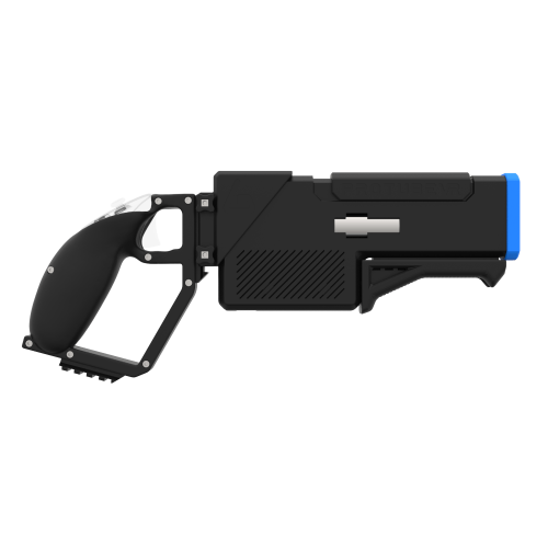 Side probolter powerful haptic gun for pico 4 ultra with black carbon rear cup for right hand with blue tip