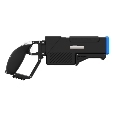 Side probolter powerful haptic gun for pico 4 ultra with black carbon rear cup for right hand with blue tip