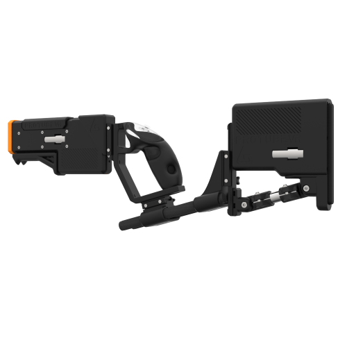 Left of a probolter heavy for meta quest 3 with black carbon rear cup for right hand with recoil stock with orange tip