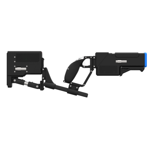 Side of a probolter heavy for meta quest 3 with black carbon rear cup for right hand with recoil stock with blue tip